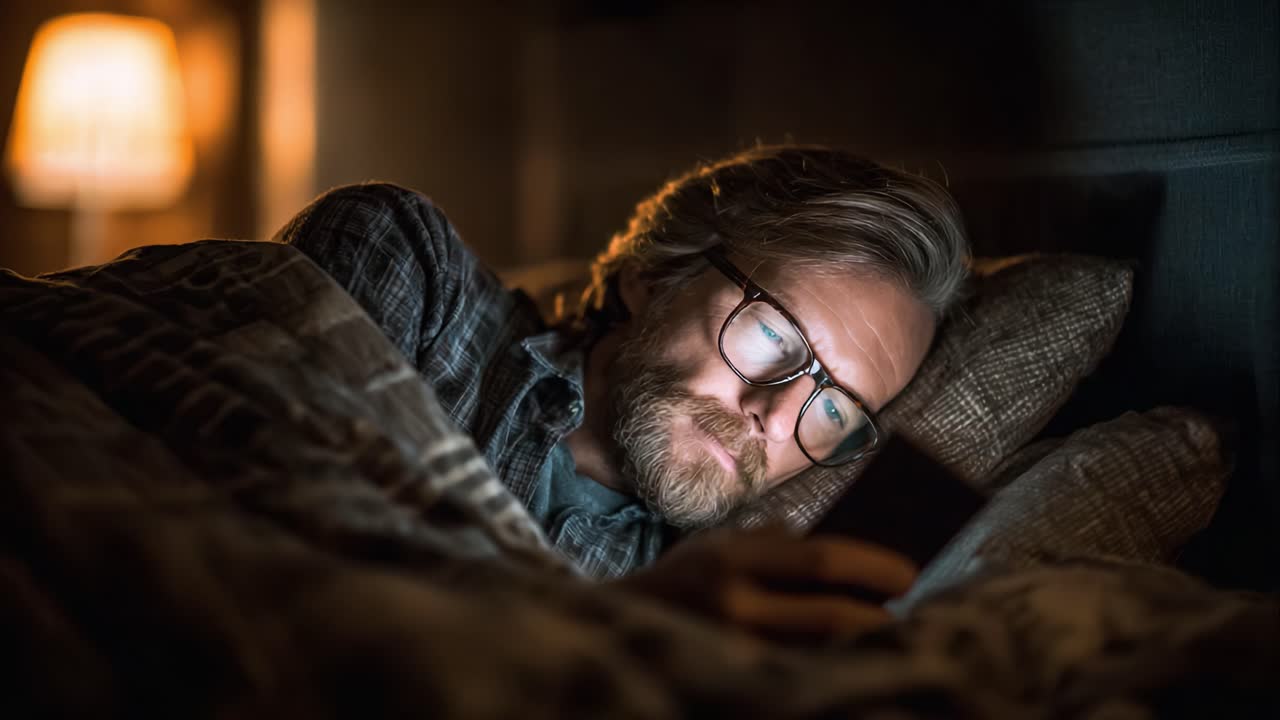 En hyggelig aften: En mand slapper af i sengen, opslugt af sin smartphone midt i det bløde skær fra stemningsbelysning, perfekt til afslapning og eftertanke.