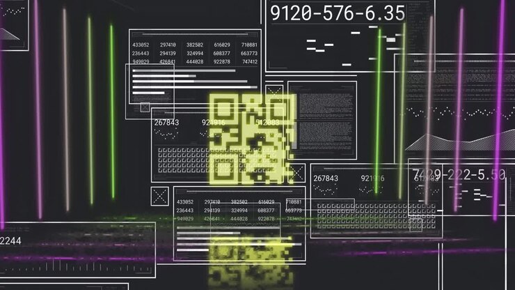 Animation of qr code between lines, multiple numbers in squares and circles, graphs