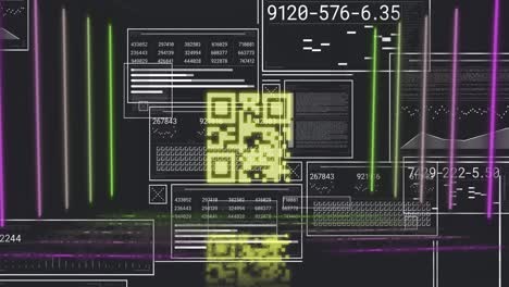 animacja kodu qr między liniami, wiele liczb w kwadratach i kręgach, wykresy.