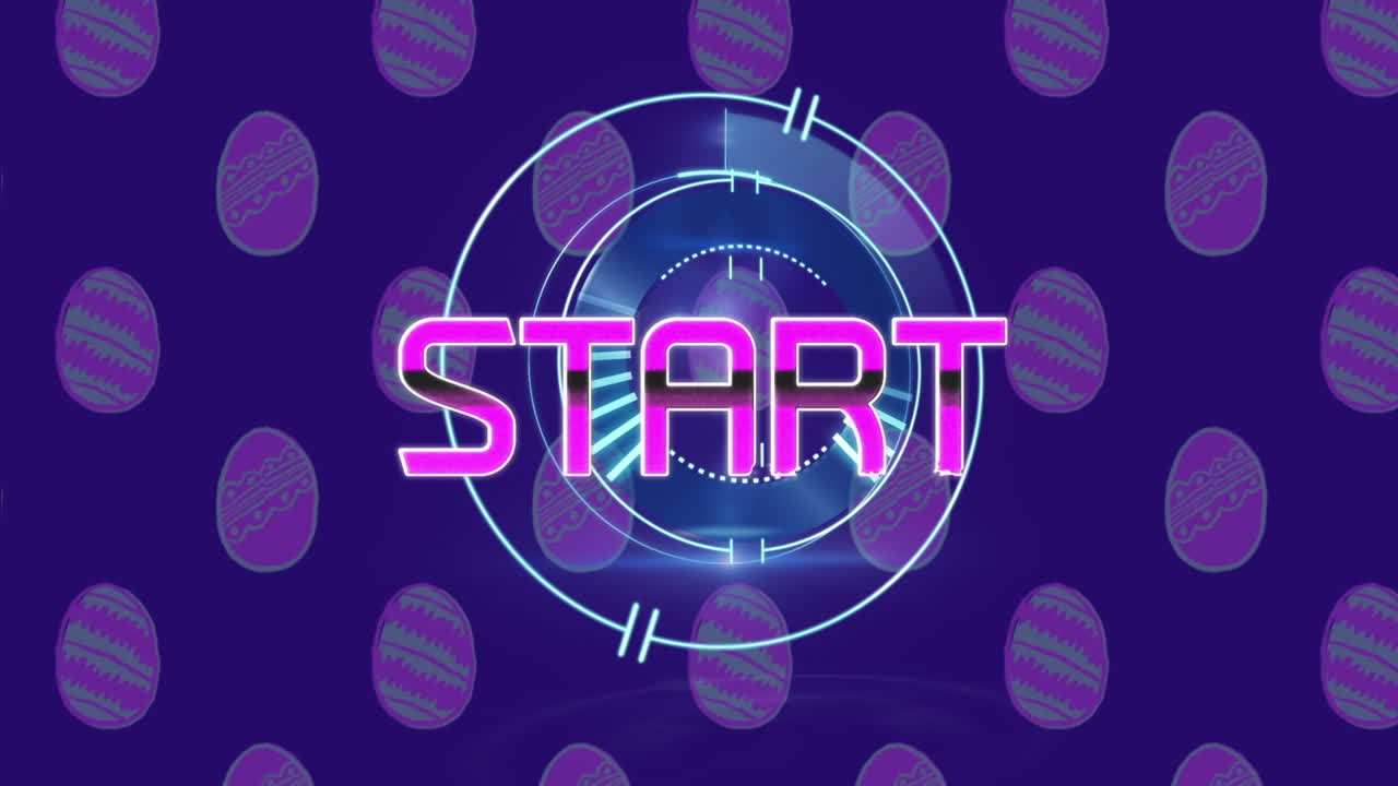 Animation of start text over scope scanning and egg icons on blue background