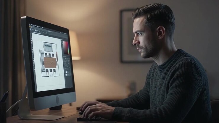Designer de interiores trabalhando em planta baixa no computador
