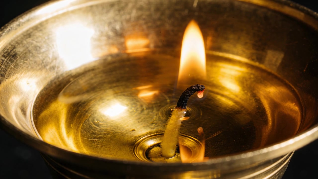 Showing brass bowl wick forming molten bead while flame growing from fuel heating in dim room
