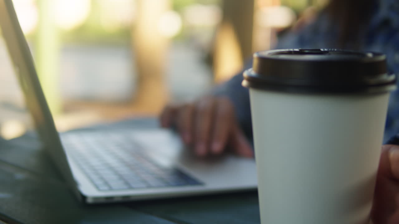 Woman is working with laptop in the green park co-working. Chatting with netbook outdoor close-up.