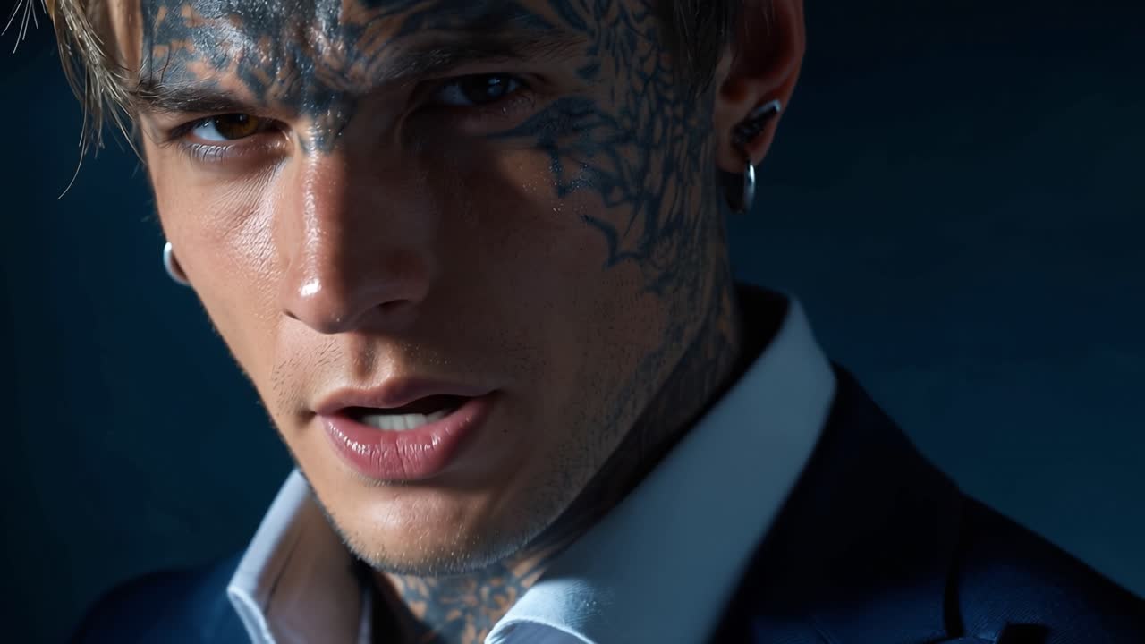 Uomo tatuato guarda direttamente in camera con calma intensità. L'abito scuro contrasta con intricati tatuaggi facciali e occhi penetranti. Un ritratto elegante e audace che trasmette una mascolinità moderna e forte.