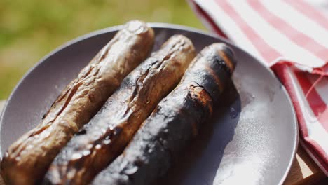 three charred sausages outside