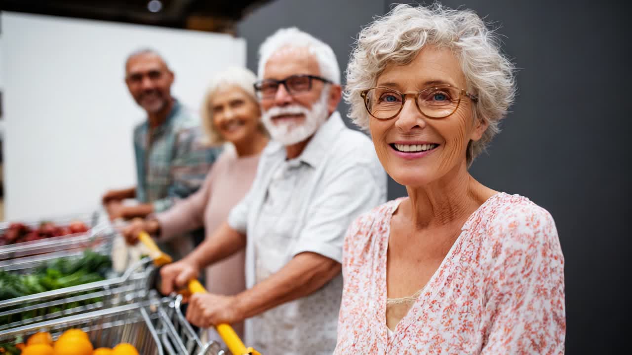 Cheerful Senior Citizens Enjoying Shopping Together at a Grocery Store, Showcasing their Healthy Choices and Happy Interactions while Pushing Shopping Carts Filled with Fresh Produce in a Friendly Environment