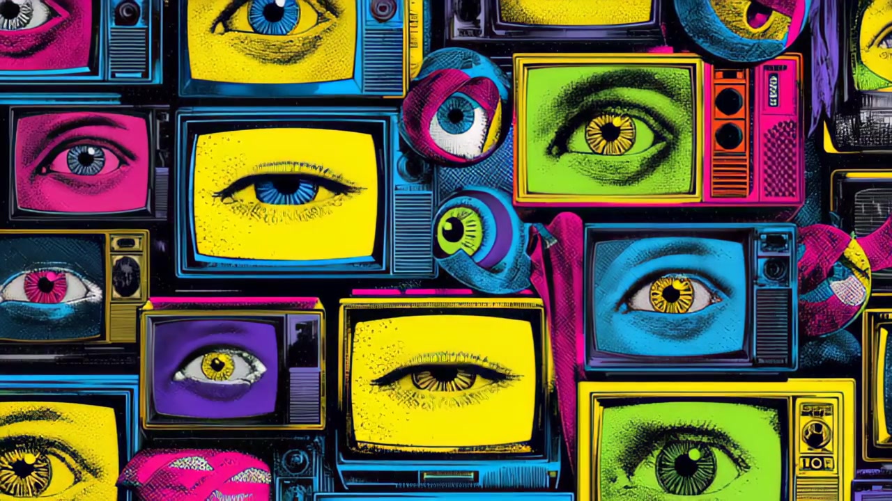 Vibrant pop art footage of retro television screens filled with human eyes in neon colors, creating a surreal surveillance and media concept background with copy space