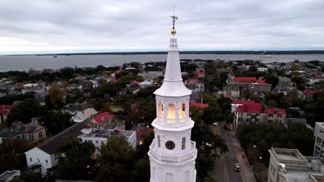 aerial-orbit-around-st-michaels-church-steeple-in-charleston-sc,-south-carolina