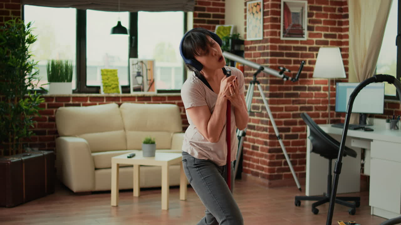Cheerful girlfriend listening to music on headset and vacuuming floors