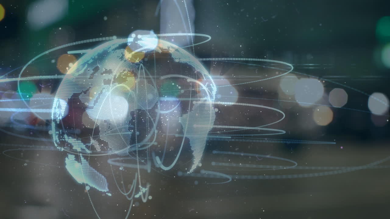 밤에 배경으로 보케 도시 불빛을 통해 전지구와 연결 네트워크의 애니메이션