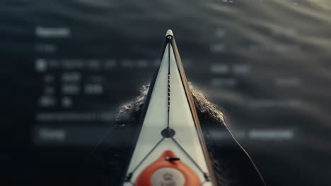 first-person view from the bow of a kayak moving through water
