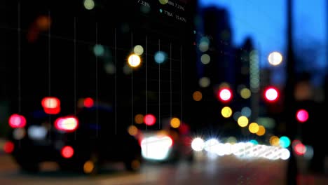 animación de múltiples gráficos y datos del mercado de valores moviéndose sobre llamaradas de lente en la ciudad por la noche