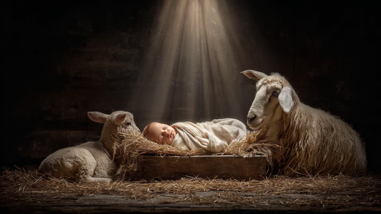 A Serene Scene of Innocence: A Sleeping Baby Resting in a Hay Nest Surrounded by Loving Sheep Under Soft Illuminating Rays