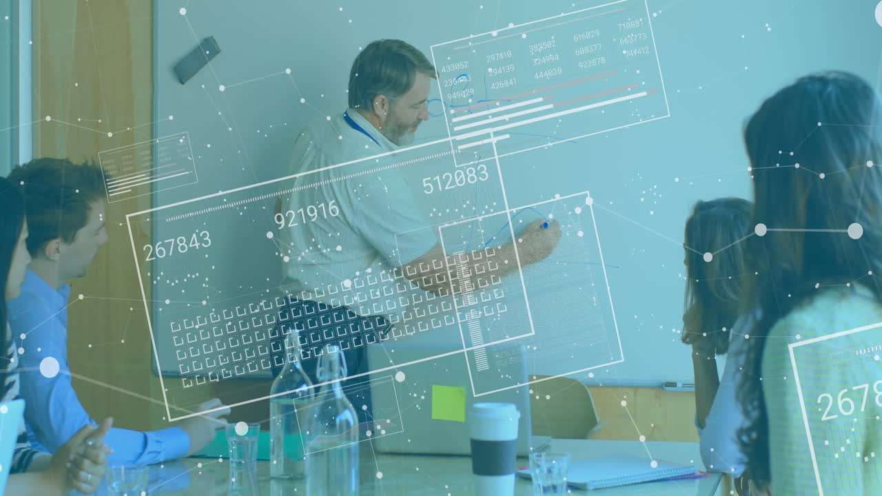 Animation of data processing over diverse business people in office