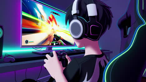 anime gamer playing explosive video game in neon setup