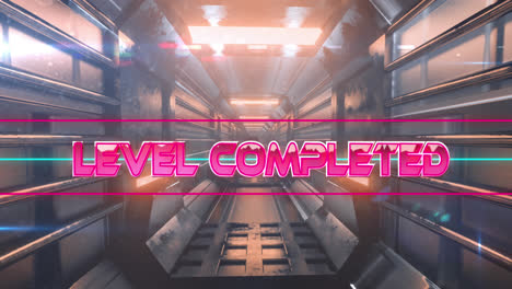 animation of level completed text over digital tunnel