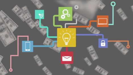 Animation-of-network-of-digital-interface-multi-coloured-icons