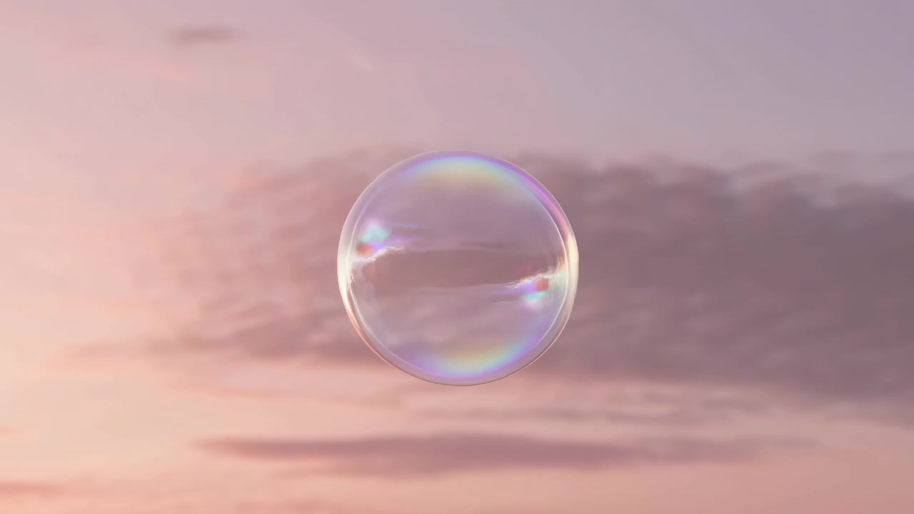 soap bubbles gently floating and transforming in size against a serene sunset sky, framed by silhouetted trees, offering a tranquil and whimsical backdrop for children's content and calming.