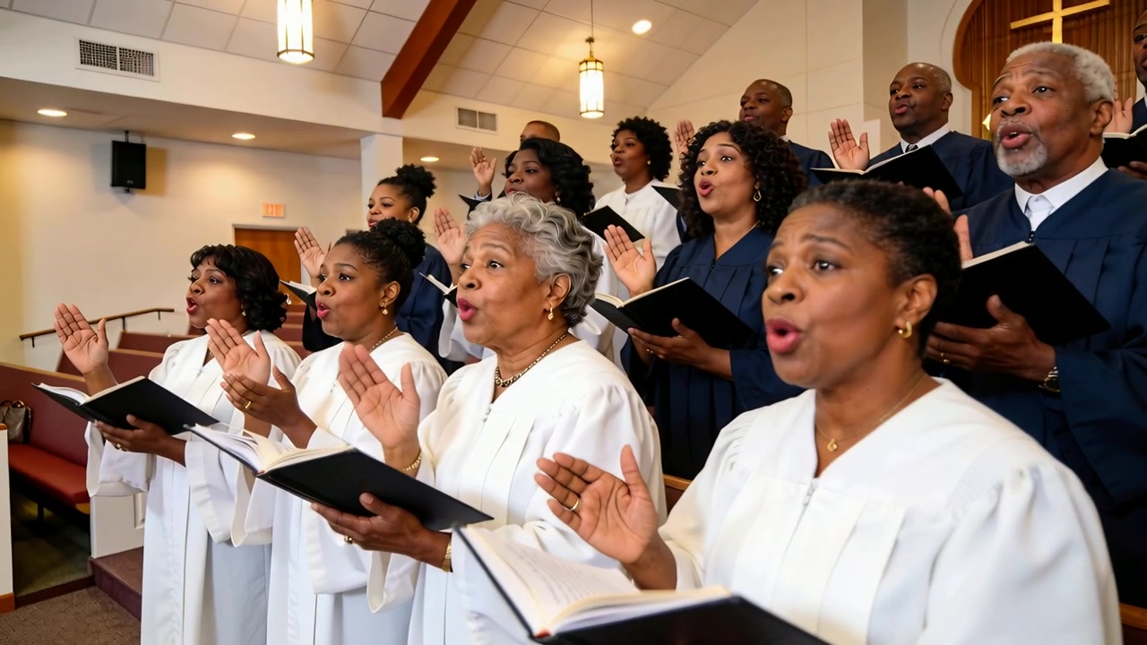 Starting music cue causing church choir in white or dark robes singing in sanctuary holding hymnals