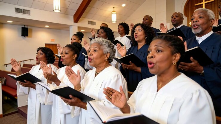 Starting music cue causing church choir in white or dark robes singing in sanctuary holding hymnals