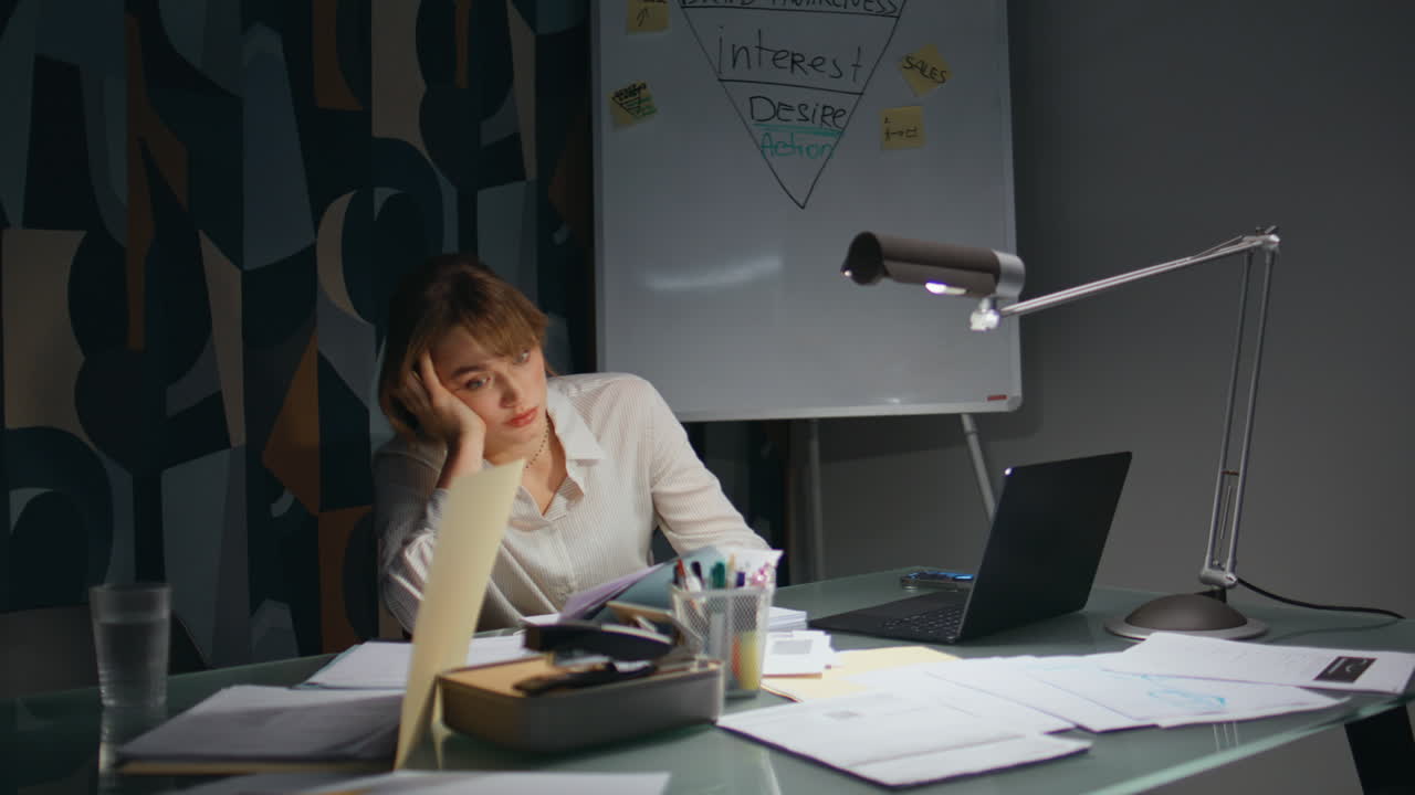 Overloaded businesswoman looking laptop at late office. Lady examining documents