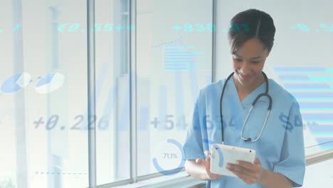 animation of data processing over african american female doctor using tablet in hospital