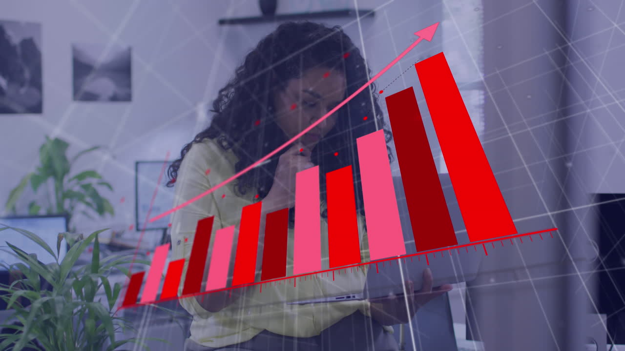 Animation of financial data processing over biracial businesswoman in office