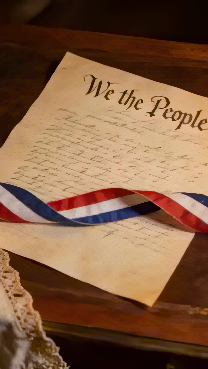 Vertical video: Moving camera left to right and down, revealing parchment on wood with ribbon