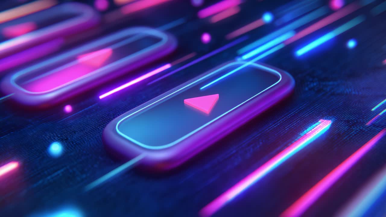 A Vibrant Close-Up of Play Buttons Surrounded by Dynamic Neon Light Trails, Capturing the Essence of Digital Interaction in a Technological Landscape