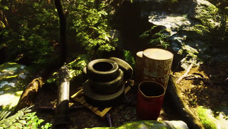 discarded car tires in the forest