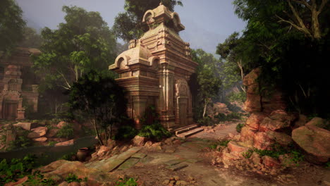 pintura de antiguas ruinas de templos en medio de un denso bosque