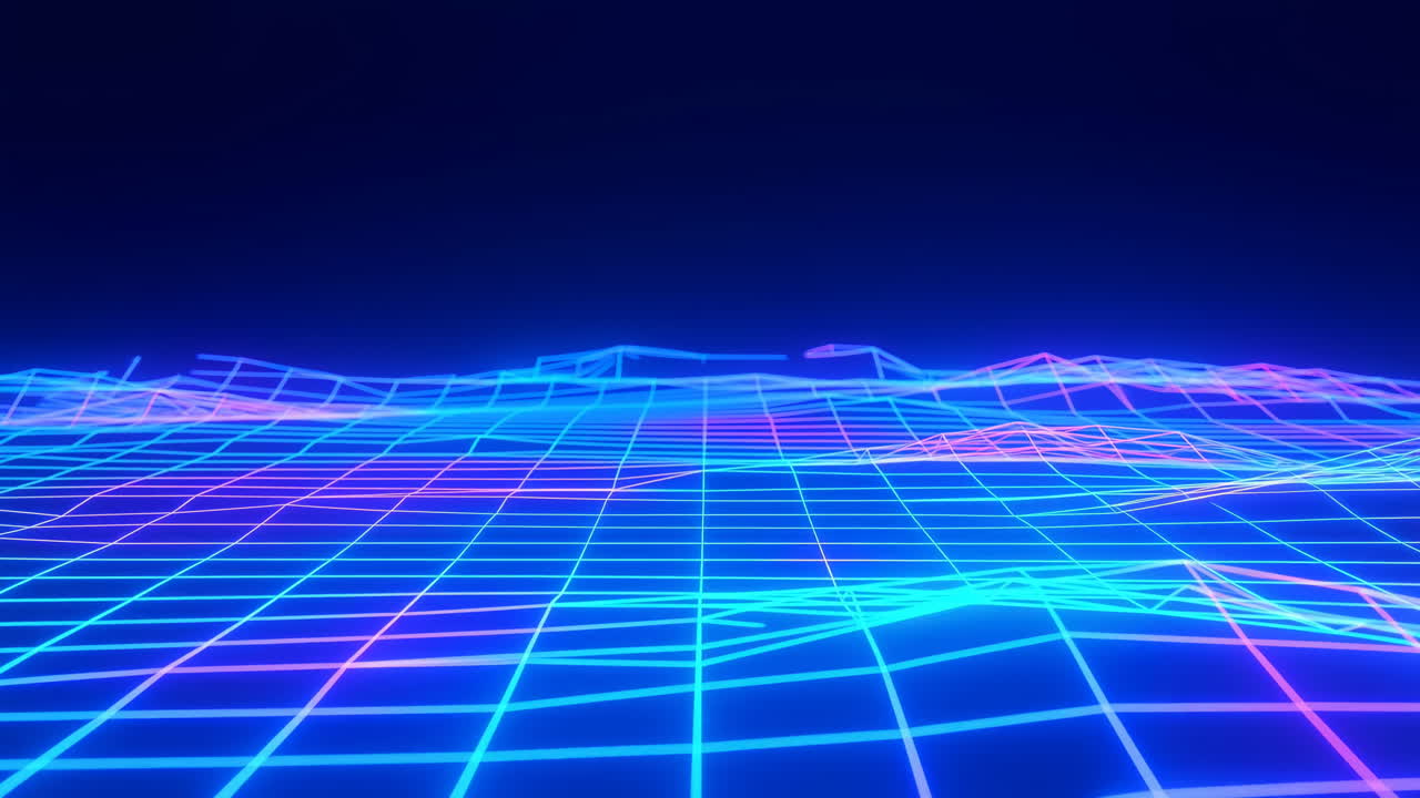 Abstract Neon Wireframe Grid Moving Through Digital Space