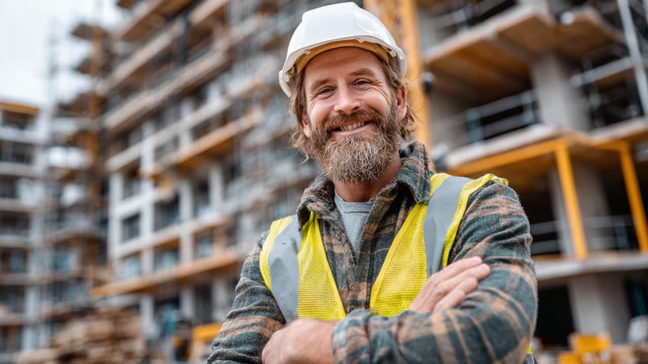 A confident construction worker stands proudly on the job site, showcasing safety gear and professionalism amid an active building project with ongoing renovations