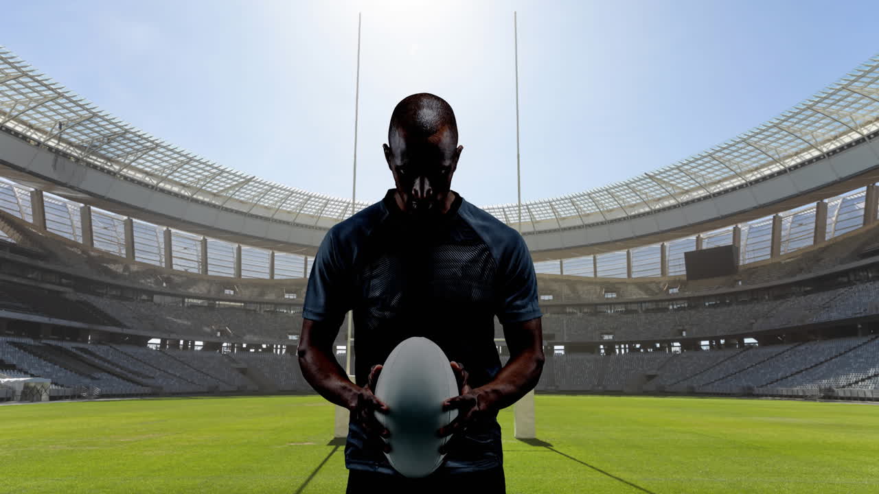 Animação de jogador de rugby segurando a bola e atleta feminina sobre um estádio esportivo