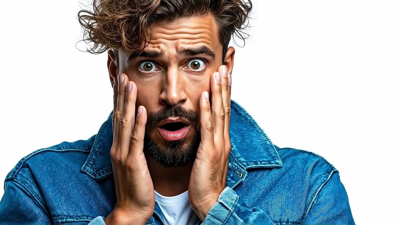 A man with a surprised look on his face with his hands covering his face