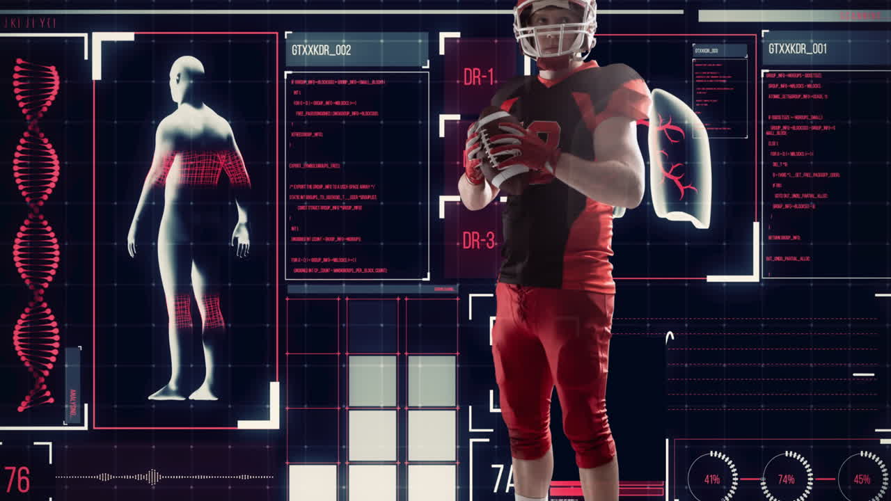 animación de un jugador de rugby caucásico sosteniendo la pelota sobre pulmones y cuerpo humanos digitales con codificación