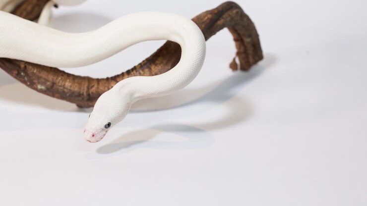 Eine weiße Albino-Schlange kriecht auf einem Holzzweig vor einem weißen Studiohintergrund mit ruhiger Kamera