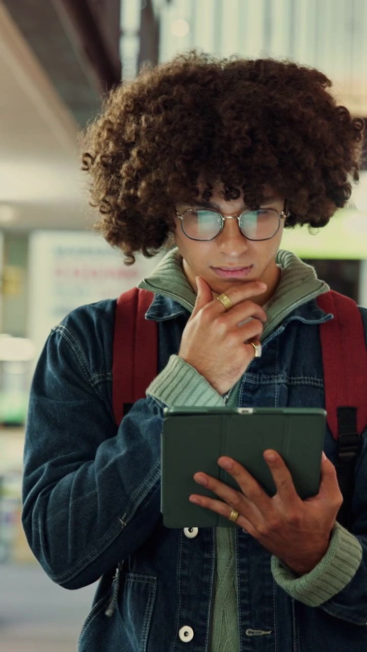 Young Student Using Tablet While Thinking in School Hallway