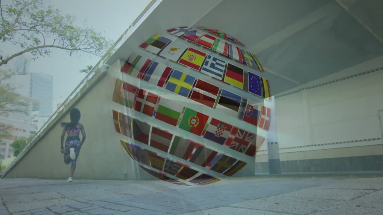 Woman running uphill in city tunnel while animated globe of country flags rotating, promoting brand