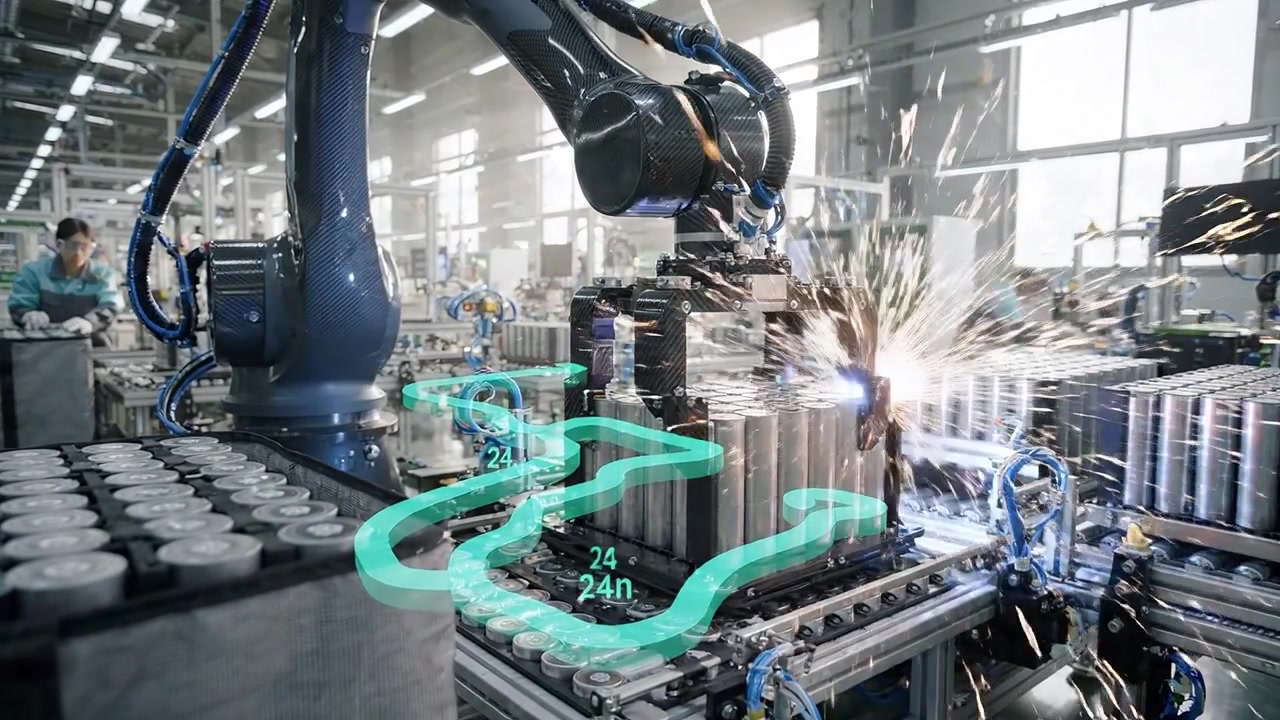 Automated Production Line with Robotic Arm Welding Battery Cells