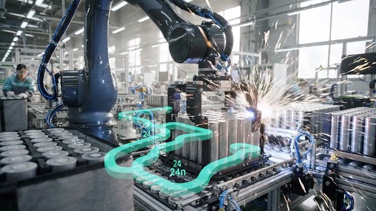 Automated Production Line with Robotic Arm Welding Battery Cells