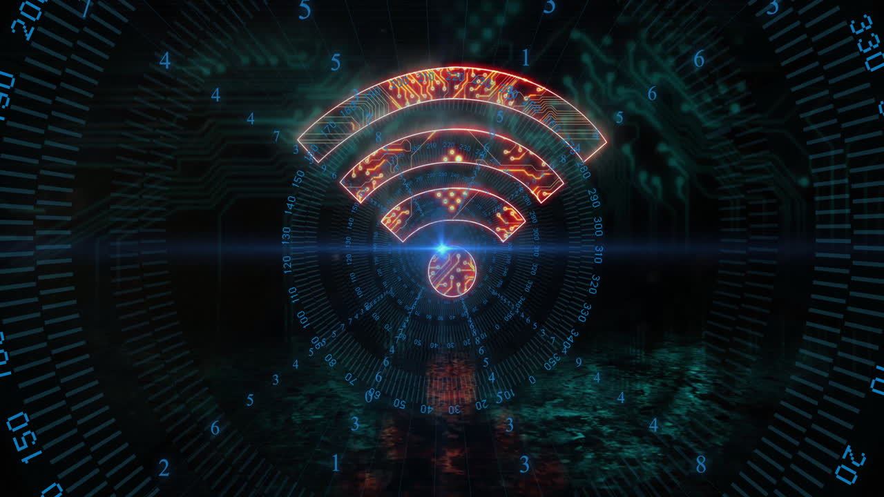 Animation of futuristic Wi-Fi signal with digital numbers and circuit patterns