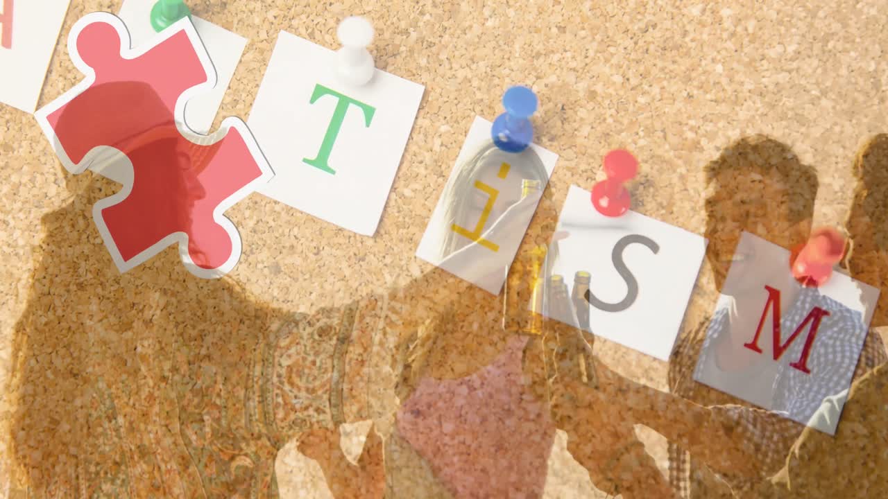 Animation of colourful puzzle pieces heart and autism text over happy friends at summer beach party