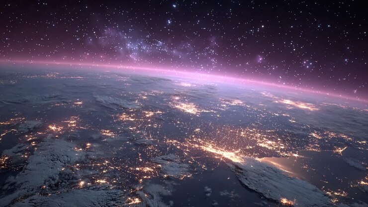 Una vista mozzafiato della Terra dallo spazio: ammira la radiosa illuminazione notturna delle città e il maestoso sfondo cosmico di stelle e galassie