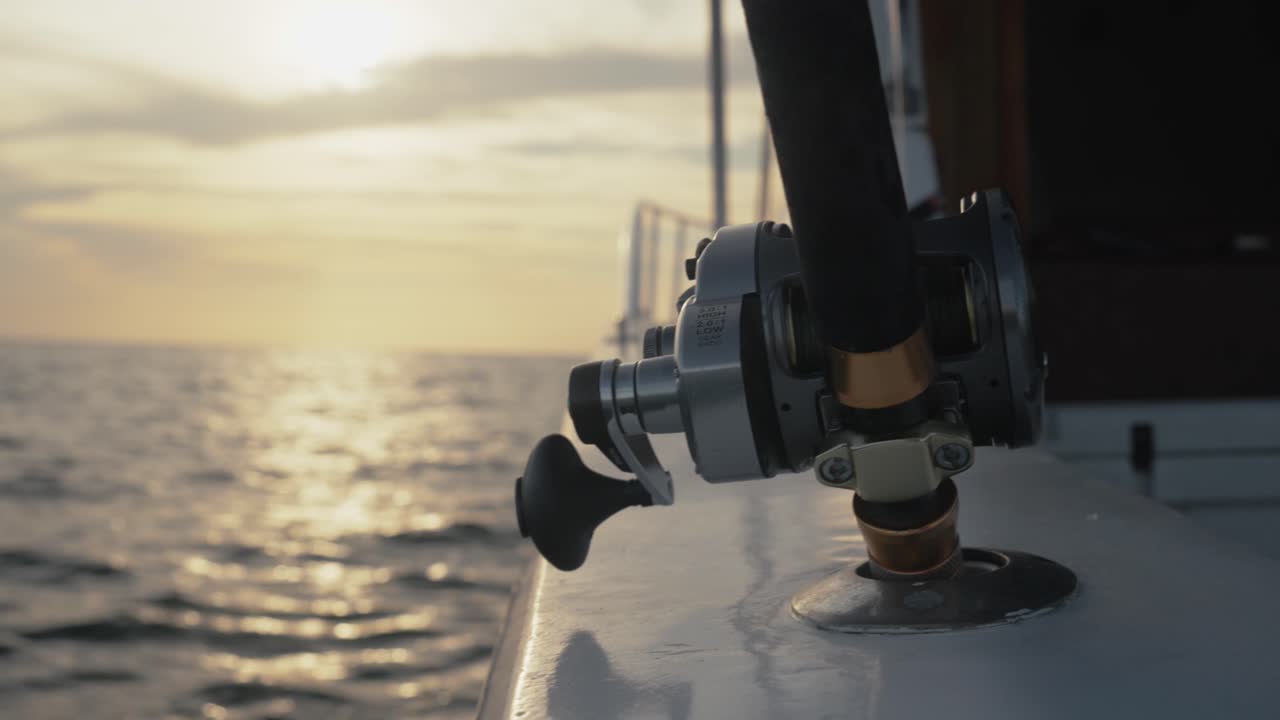 Panning left shot across a mounted fishing reel and rod, with the sun setting on the horizon and reflections over the ocean water.