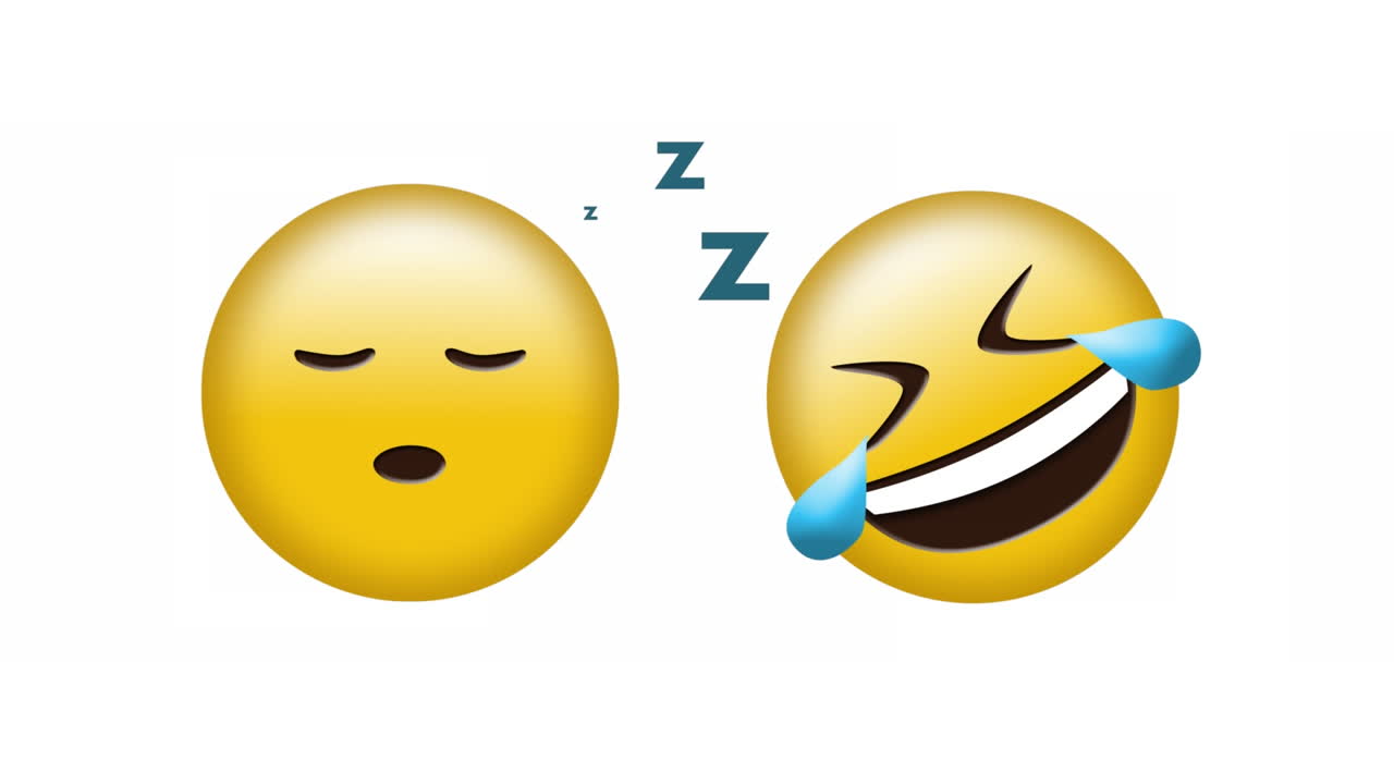 Animaatio nukkuvista ja ilon kyynelissä olevista emoji-kuvakkeista valkoisella taustalla