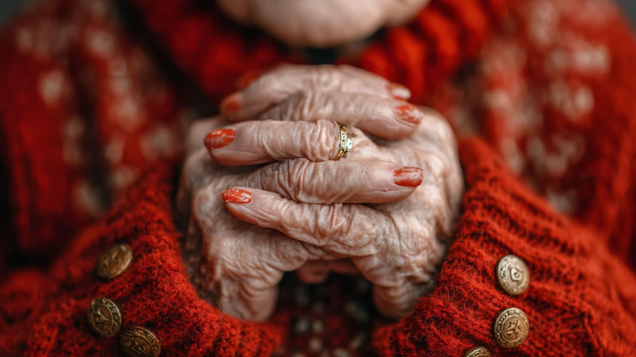 An Intimate Portrait of Age and Wisdom: Capturing the Graceful Hands of an Elderly Individual in a Cozy, Vibrant Sweater, Reflecting a Lifetime of Stories and Experiences
