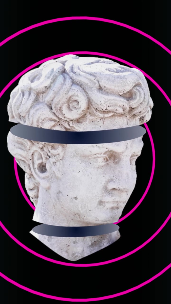 Animazione di teste di sculture antiche su cerchi al neon e griglia