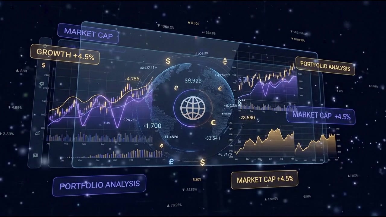 Painel financeiro digital com globo giratório e dados do mercado de ações