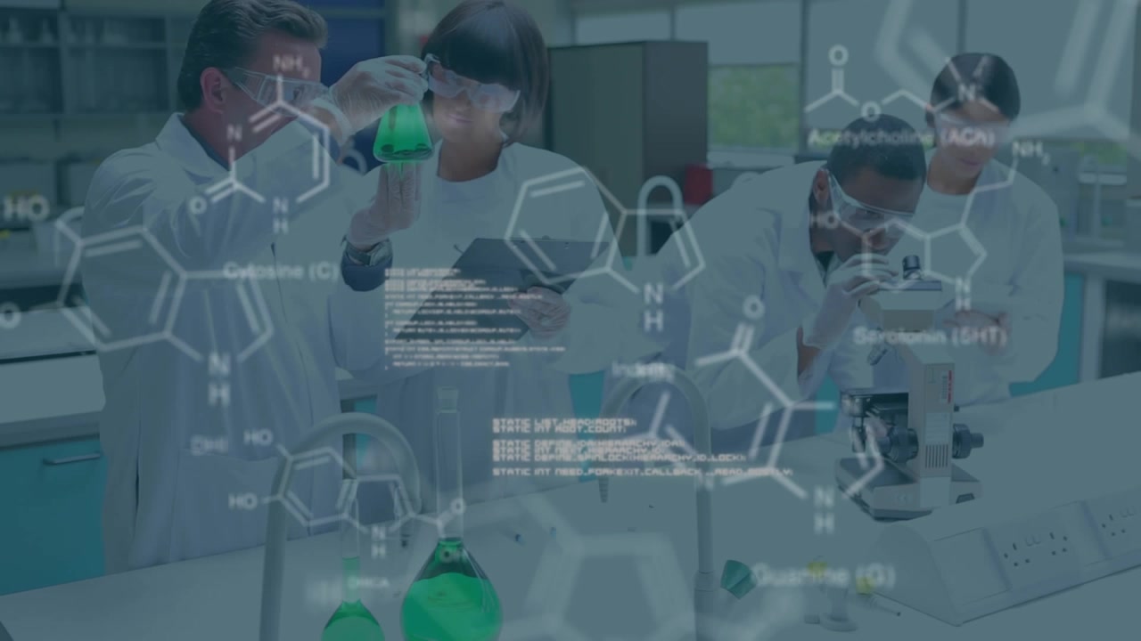 Animation of data processing and chemical formula over diverse scientists in lab